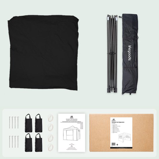 Een zwarte partytent hoes, een zwart draagtas met wieltjes, een opgevouwen metalen frame, haringen, touwen en een handleiding.