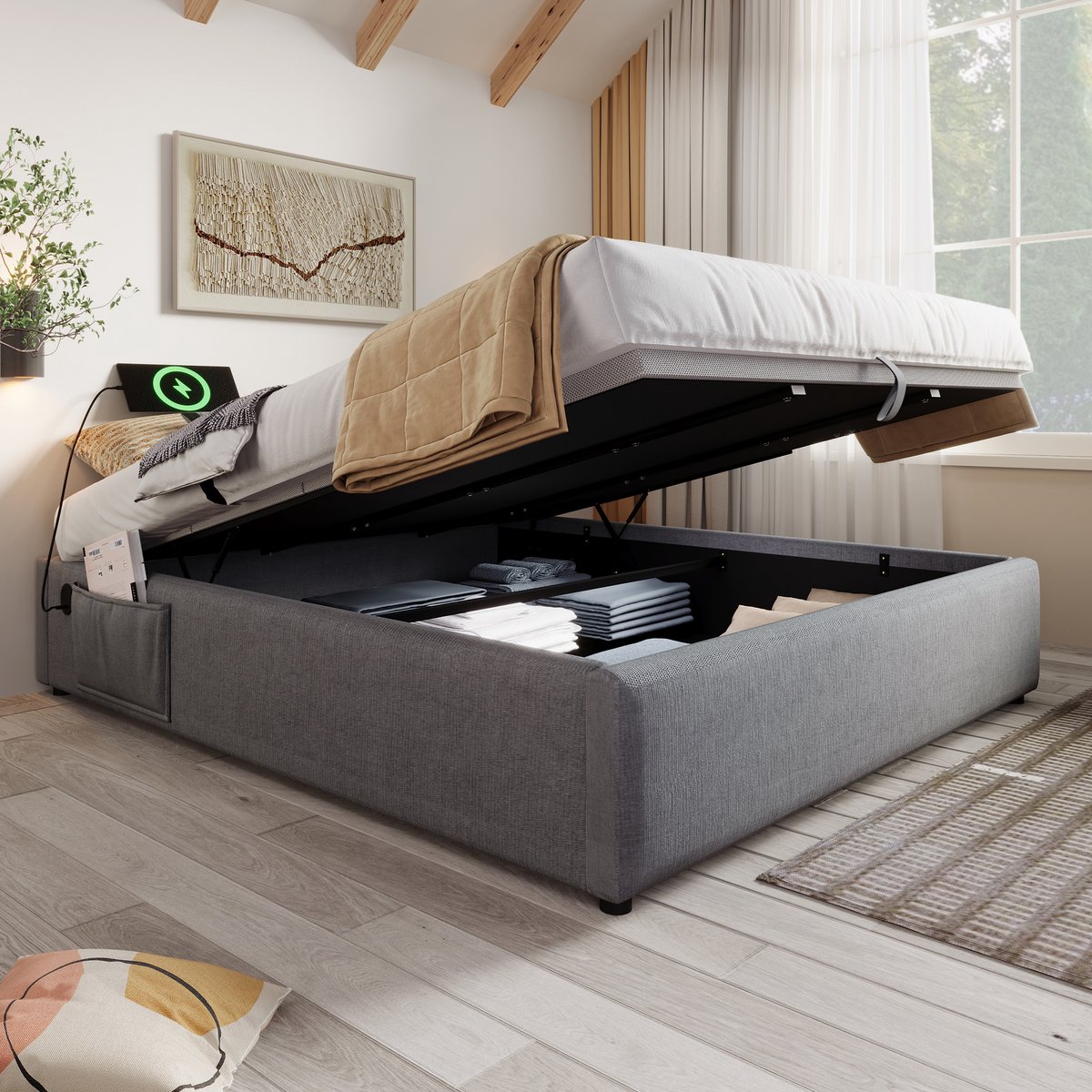 REDOM Opbergbed 140x200 cm – Zonder hoofdbord – Hydraulisch – Katoen-linnen Grijs – USB/Type-C – Volle houten bodem met antislip – Zijtas – 300 kg