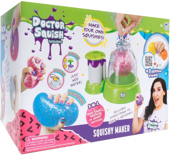 Doos van Doctor Squish Squishy Maker met instructies, afbeeldingen van squishies, een maker en een vrouw.