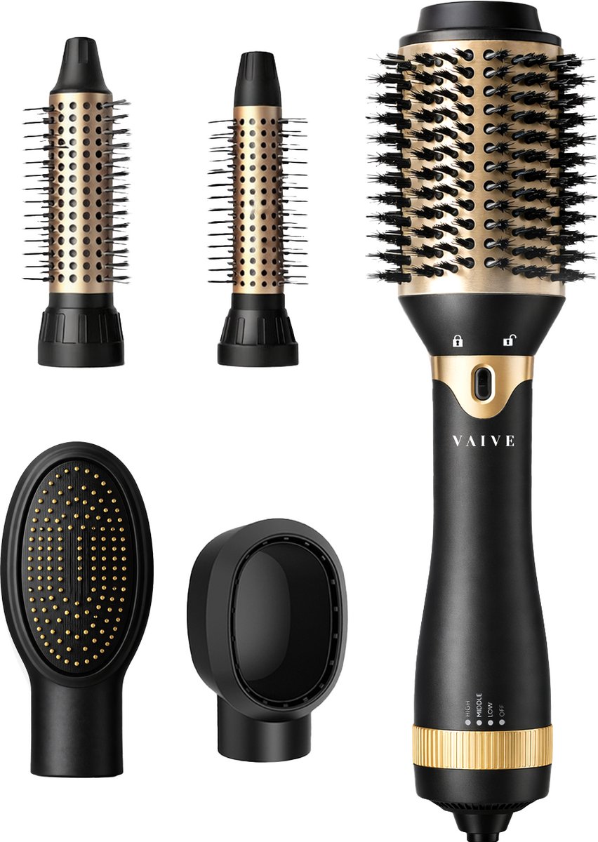 VAIVE Föhnborstel met 5 opzetstukken voor Extra Volume, Stijlen en Krullen - Airstyler - Krulborstel- Ronde Borstel - Stijlborstel - Zwart/goud