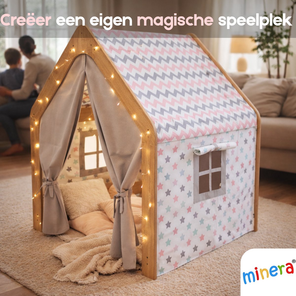 Minera® Tipi Tent - Speeltent - Meisjes - Binnen Speelgoed - Speelhuisje voor Kinderen - Houten Kinderhuisje - Kindertent vanaf 1 tot 7 Jaar - Wit met Roze — afbeelding 2