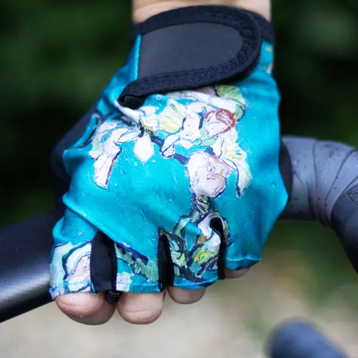 Ingeklikt Almond Blossom - Blauwe dames fietshandschoenen - Amandelbloesemprint Van Gogh - maat M