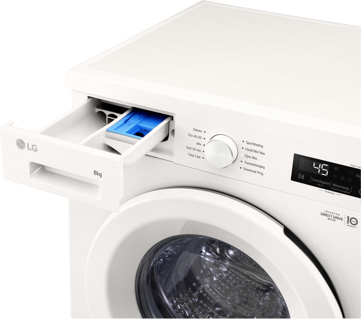 LG F4X1008NWH wasmachine 8 kg met Direct Drive motor voor stille, duurzame prestaties. Spa Steam voor hygiënisch wassen. ThinQ slimme bediening. Energie‑label A. Compact design voor dagelijks gemak thumbnail 5