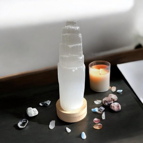 Witte Seleniet Kristal Tafellamp met Houten Basis voor Energie en