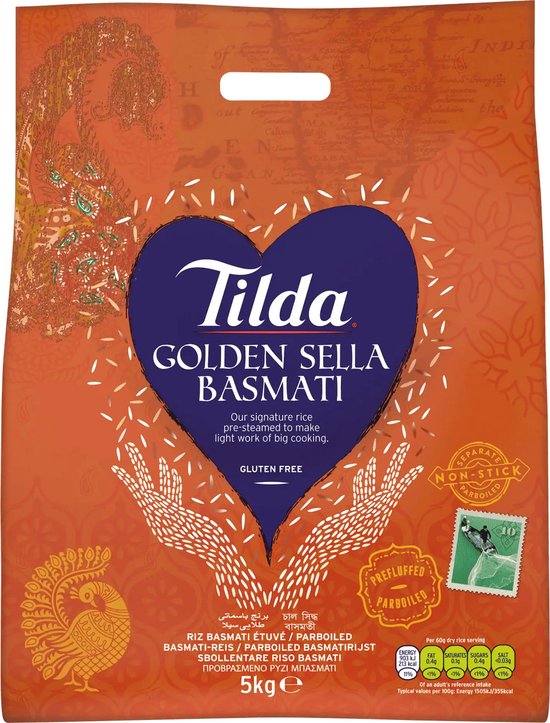 Tilda Golden Sella Basmati Rijst 5 kg – Voorgestoomde Premium Basmati met Extra Lange Korrels | Plakt Niet, Luchtig & Aromatisch | Ideaal voor Biryani, Curry, Pilav & Indiase Gerechten met Kajal Sticker