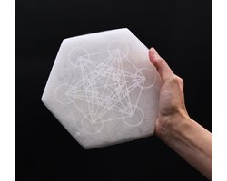 Seleniet oplaadschijf - Zeshoekige Seleniet oplaadplaat met Metatron - 16 cm.