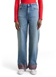 Voorkant van een wijde, lichtblauwe jeans met omgeslagen zoom.