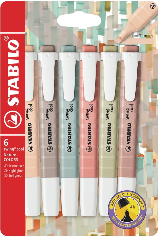 STABILO swing cool - Markeerstift - Perfect Voor Onderweg - NatureCOLORS - Etui Met 6 Kleuren
