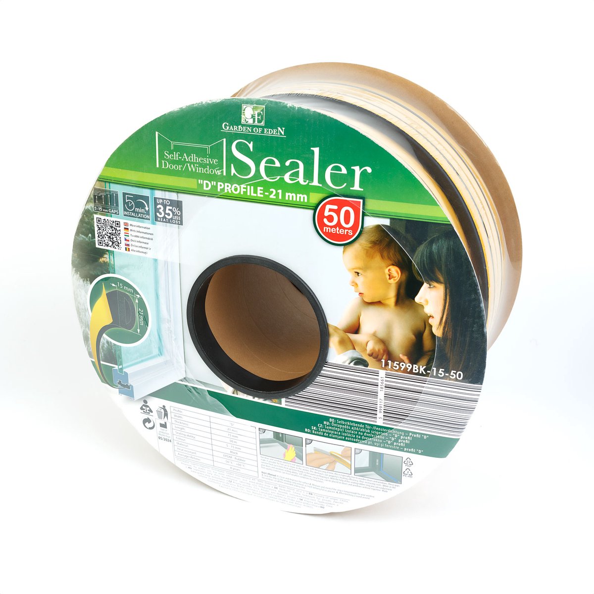 Zelfklevende Deur- En Raamafdichting Tochtstrip Op Rol – D-Profiel – Zwart – 50 Meter (2 × 25 m) – Voor Kieren Van 5–15 mm – EPDM Rubber – Isolerend, Weer- En UV-Bestendig – Voor Deur En Raam [11599BK-15-50]