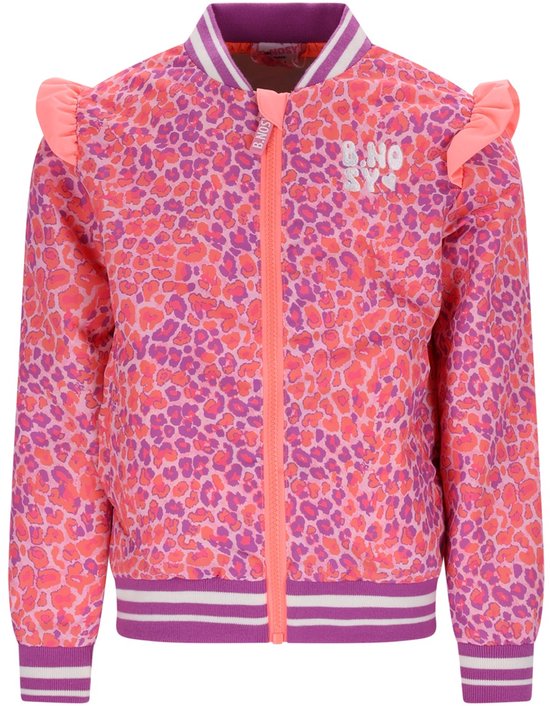 Roze jasje met paarse luipaardprint, ruches op de schouders, gestreepte boorden en opdruk 'B.NOSY'.