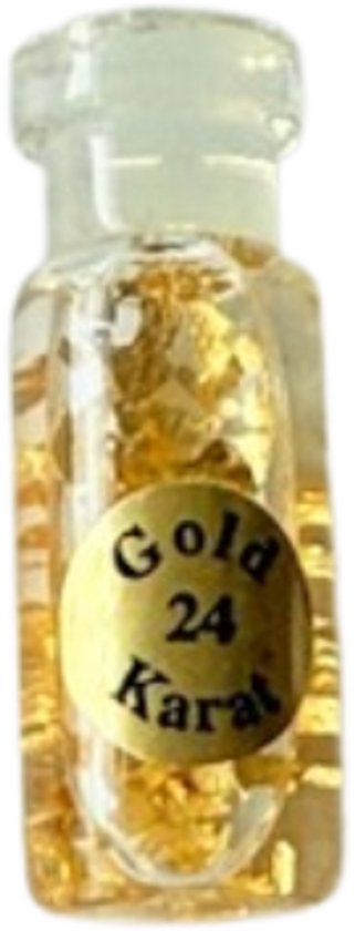 Flesje met goudkleurige snippers, met een etiket 'Gold 24 Karat'.