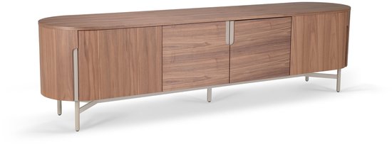 Walnoot dressoir met afgeronde hoeken en vier deuren, staand op metalen poten.