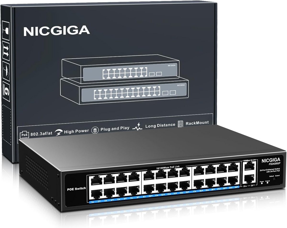26-poorts PoE+ Switch met 400W Vermogen en 2 Gigabit Uplinks - Onbeheerd, Rackmonteerbaar