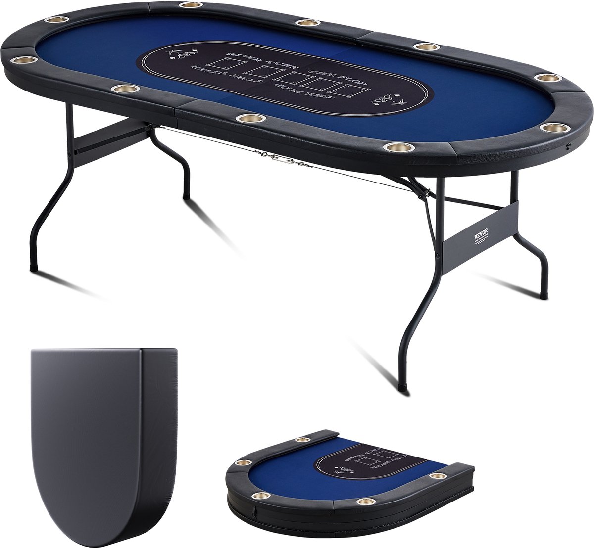 VEVOR Casino Pokertafel Klaptafelpoten 214x107x76cm (LxBxH), Opvouwbare Pokertafel, Zwart en Blauw Poker Pad Klaptafel voor 10 Spelers, Pokertafel met Stofkap Draagbaar