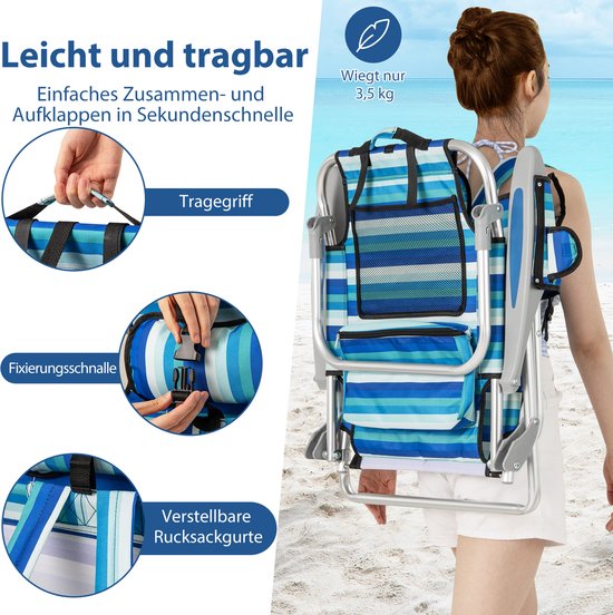 COSTWAY Strandstoel, inklapbaar, licht, campingstoel met verstelbare rugleuning, hoofdsteun, zijzakken, koeltas, schouderbanden en armleuningen, klapstoel, outdoorstoel (1 stoel) van Costway — afbeelding 2