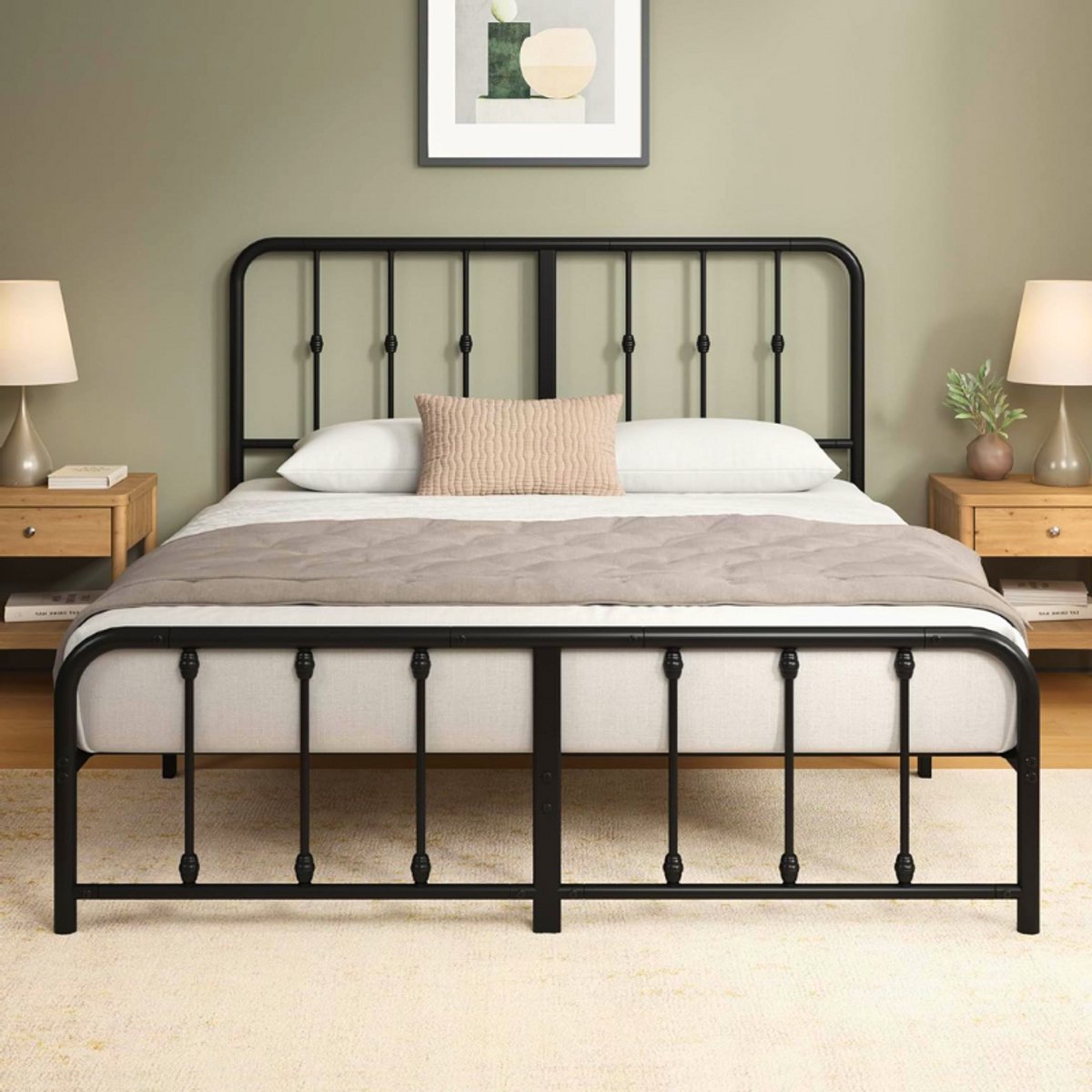 BOG Florence Bedframe 140 X 200 Cm - Vintage Hoofdeinde - Metalen Bed 140 X 200 Cm - Metalen Lattenbodem - Platformhoogte 35 Cm Met Vrije Ruimte Onder Het Bed - Geen Boxspring Nodig - Zwart BLACK
