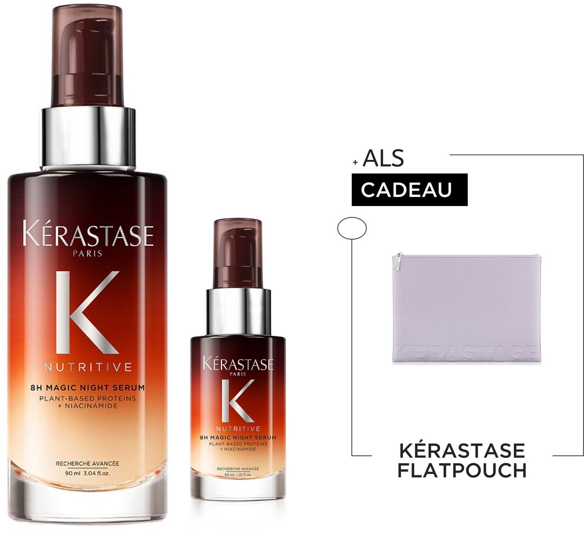 Kérastase Nutritive 8H Magic Night Serum Duo + Cadeau - Leave-in - Voedend Haarserum - Versterkt, Hydrateert - Droog Haar - 90ml & Travelsize 30ml + Kérastase Flatpouch Cadeau