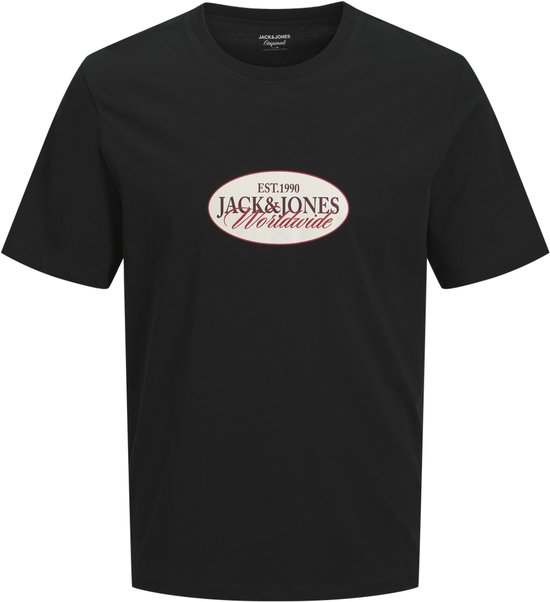 Zwarte T-shirt met ovaal logo "EST.1990 JACK&JONES Worldwide" op de borst.