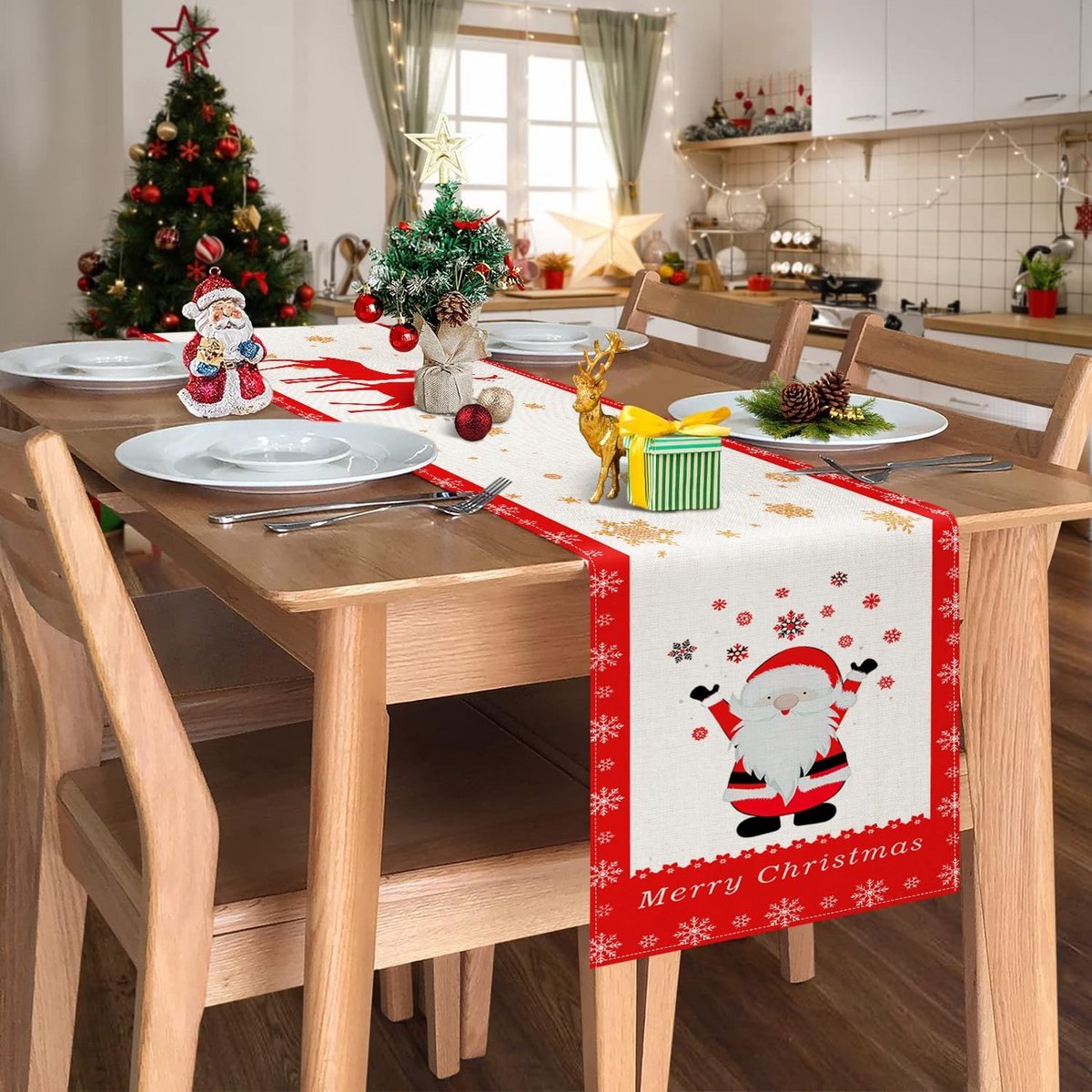 Tafelrunner Kerst Tafelkleed Modern Sneeuwvlok & Kerstman 40x140 cm Rood/Wit Decoratie