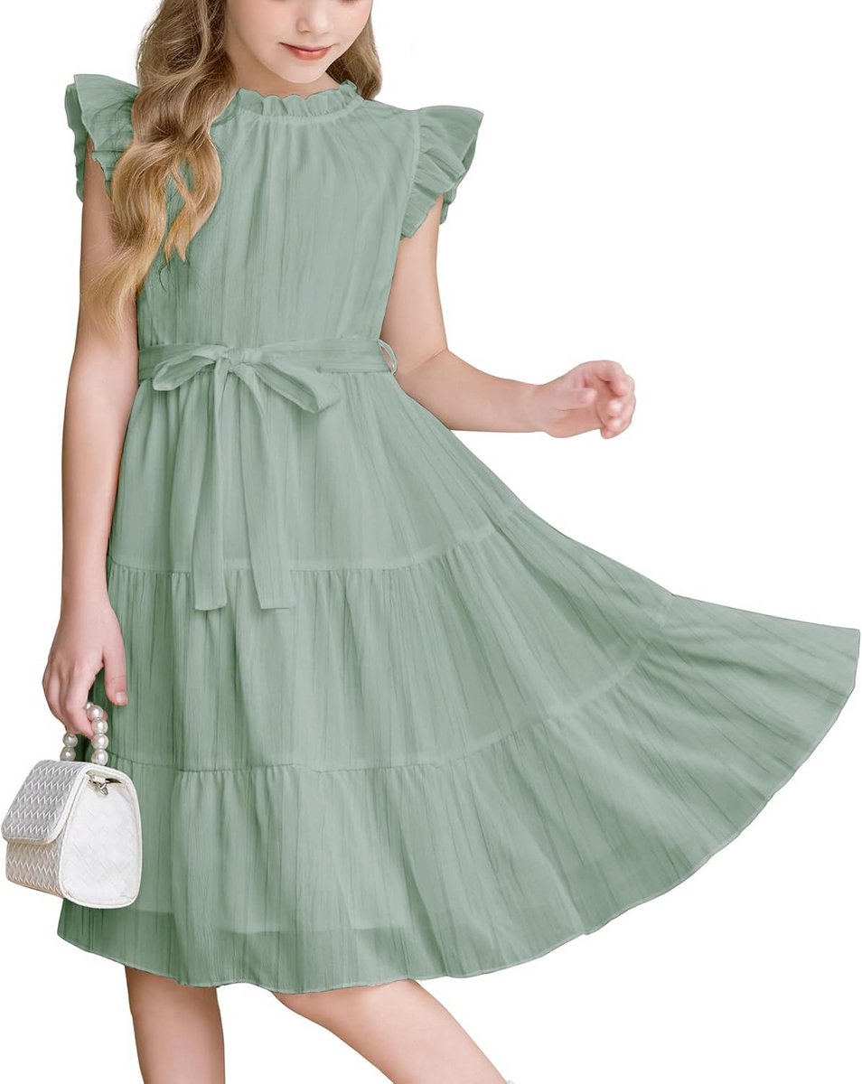 Elegante A-lijn Chiffon Jurk voor Meisjes met Ruches Mouwen - Feestjurk met Strikceintuur (5-13 Jaar)