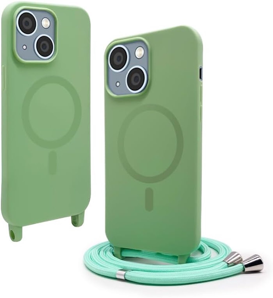 Telefoonhoesje Compatibel voor iPhone 15(6.1"),Compatibel met Draadloos Opladen,Hoesje Verstelbare touw Cover,Siliconen Lanyard Case-Grasgroen