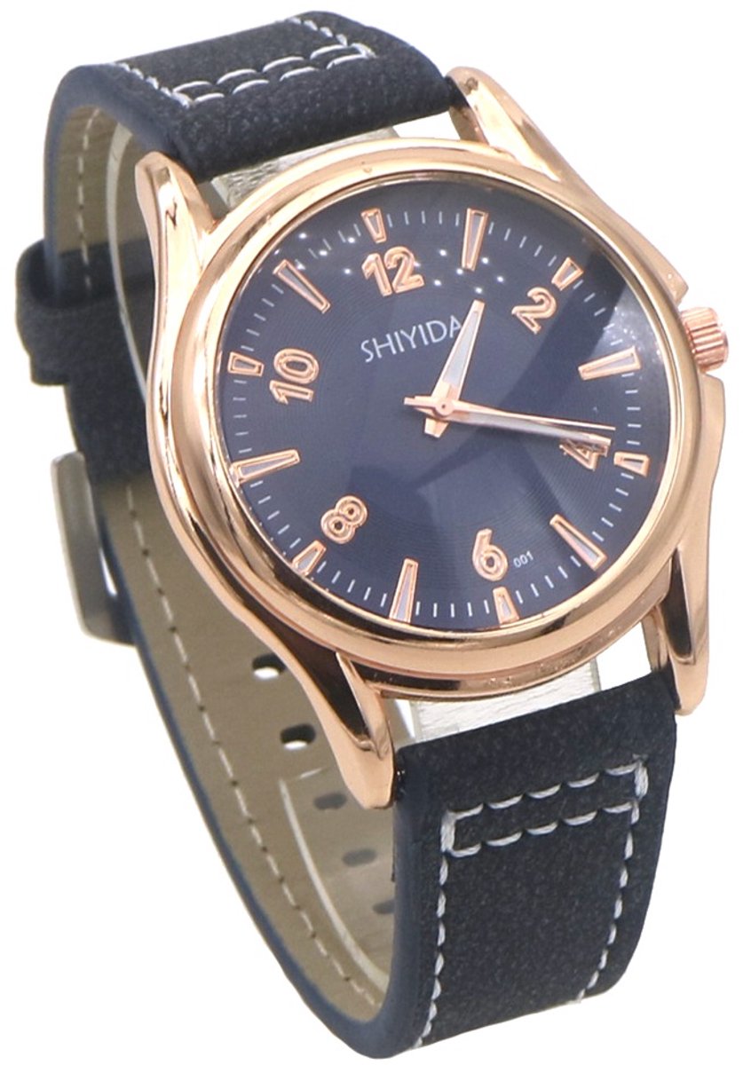 Horloge - quartz - PU band - blauw - unisex