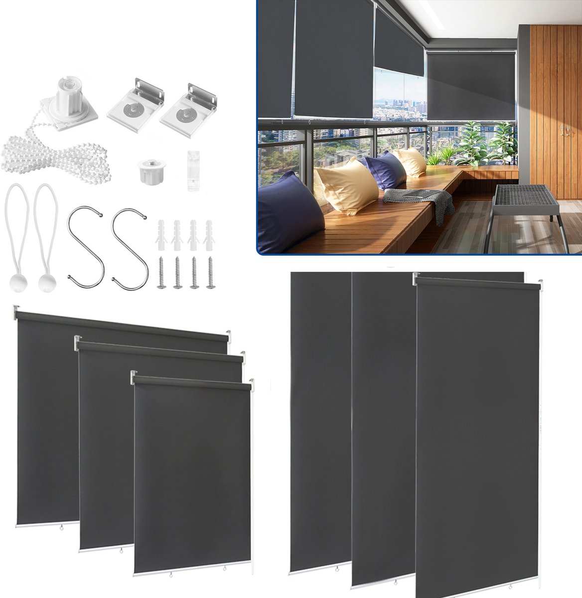 Aufun Buitenterras Rolgordijn 100x140cm – Weerbestendig, UV-Beschermend & Warmtereflecterend – Antracietkleurig (Geschikt voor Deuren & Vensters)
