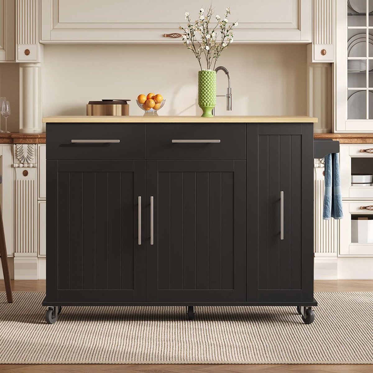 BLACKCOLORS Keukeneiland met klep, opbergkar met uitschuifbare organizer met 3 niveaus, interne opbergplank, rolwagen op wieltjes met handdoekenrek en 2 lades voor eetkamer, zwart