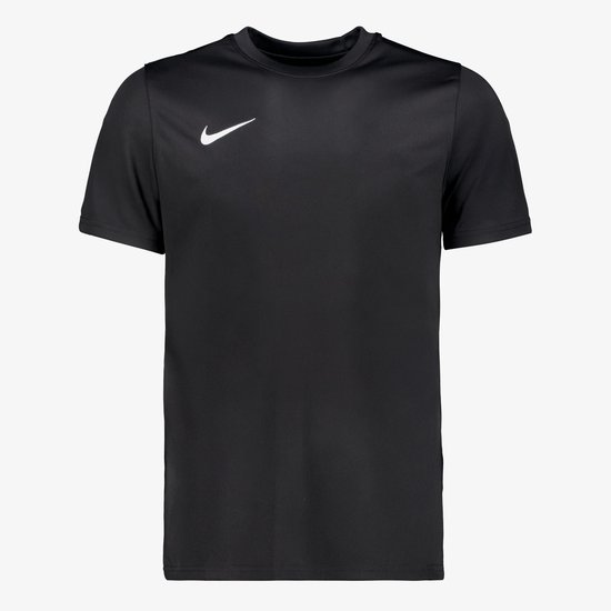 Dos d'un t-shirt de sport Nike noir à manches courtes avec logo Nike blanc sur la poitrine.