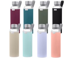 Aquafloow drinkfles, glas, 700 ml met neopreen hoes, waterfles van helder borosilicaatglas met metalen dop, BPA-vrij, lekvrij, perfect voor kantoor, buiten, school, sportschool, zwart