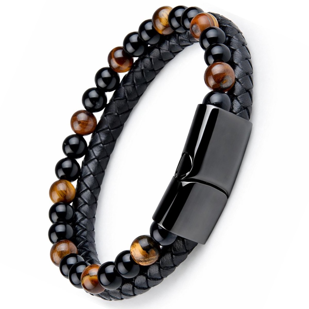 Leren Armband met Onyx & Tiger Eye – Echt Leer – RVS Magnetische Sluiting – 21 cm – Verkleurt Niet – Luxe & Stoer – Cadeau