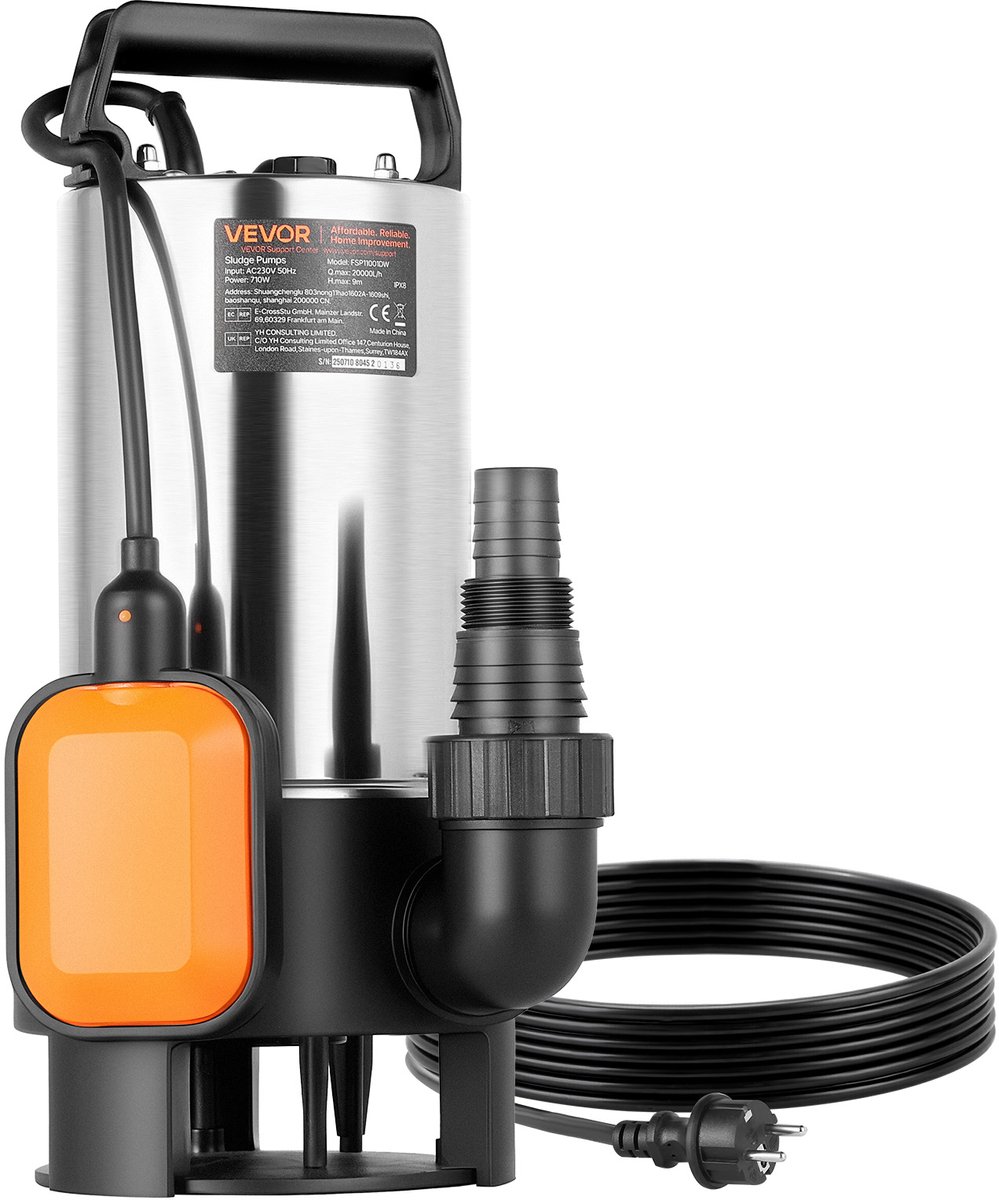 VEVOR 710W dompelpomp, 20.000 l/u, vuilwaterpomp voor afvalwater, vuil water en schoon water met automatische vlotterschakelaar, opvoerhoogte 9 m, voor zwembaden, vijvers en overstroomde gebieden