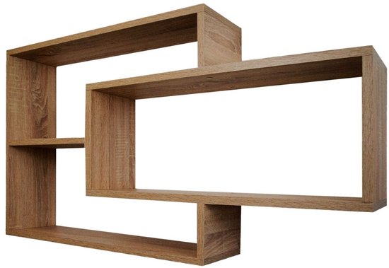 Houten wandplank 'Karo' in donkerbruine houtnerfoptiek met 4 open vakken in een geometrisch, zwevend design.