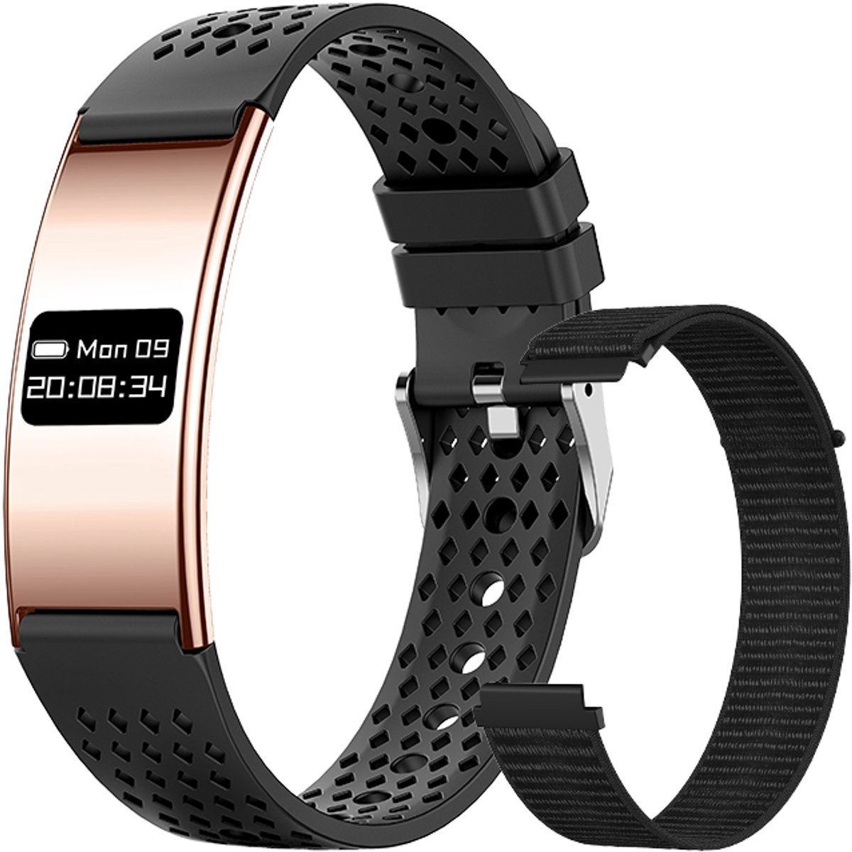 WizBay Premium Select® Smart Bracelet 2026 - Ultradun 2,8 mm - Hartslag en SpO2 - Slaapmonitor - 5ATM Waterdicht - Fitness Tracker - IPS Screen - Android en iOS - Goud - Siliconen en Gewoven Siliconen Band Zwart