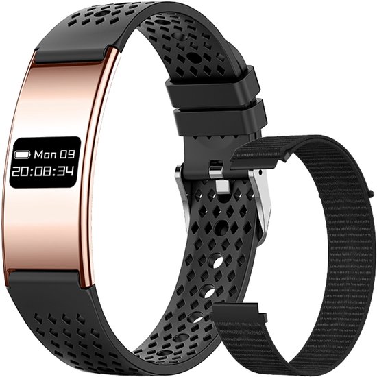 Zwarte fitness tracker met rosegouden scherm en geperforeerde band, met extra geweven band.