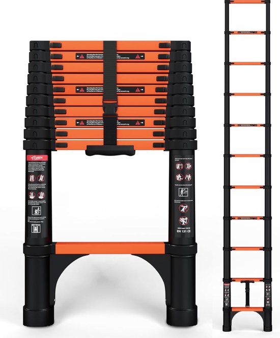 Een opgevouwen oranje en zwarte telescoopladder naast een volledig uitgeschoven ladder met dezelfde kleuren.