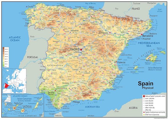 Fysieke Kaart van Spanje - Gelamineerd A1 Formaat 59.5 x 84  ... - cover