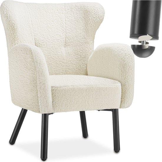 tectake® Fauteuil Vänersborg - Dik Gestoffeerde Relaxstoel met Bouclé Bekleding - Loungestoel met Armleuningen en Ergonomische Rugleuning - Relax Stoel voor Woonkamer - Beige / Crème