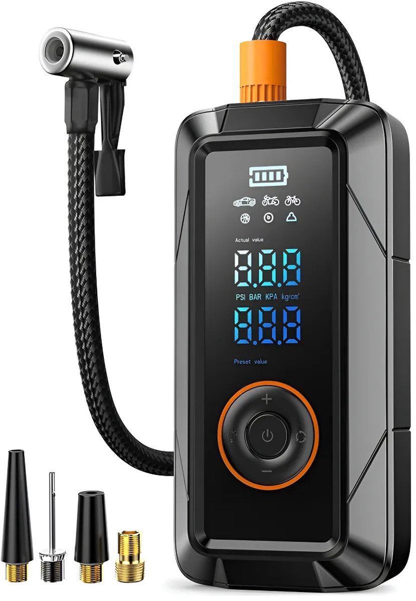 Elektrische Fietspomp 4000mAh - Draagbare Luchtcompressor met LED - Voor Auto, Fiets & Ballen - Incl. 4 Opzetstukken