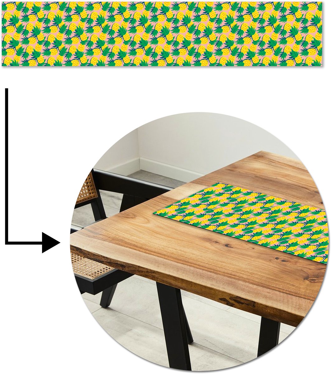 Tafelloper 150x30 cm - Tafelmat vinyl Ananas - Geel - Groen - Tropisch - Tafeldecoratie - Tafelversiering - Keuken decoratie - Tafel versiering