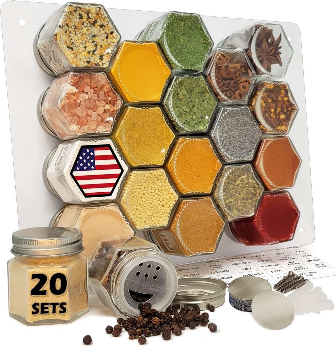 Magnetische Kruidenpotten Set van 20 met Deksel, Shaker en Etiketten - Ideaal voor Koelkast en Kast