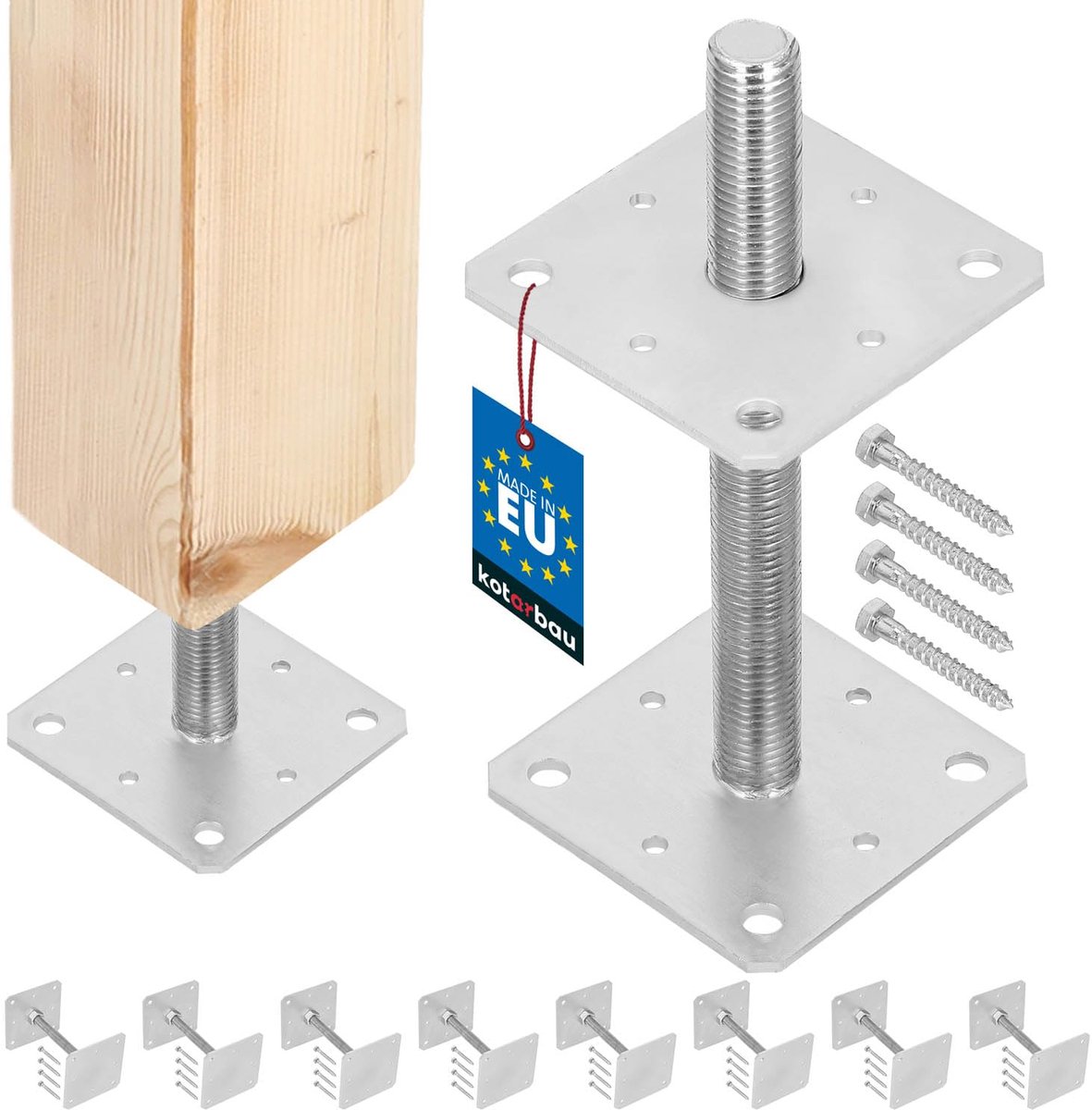 KOTARBAU® 8 stuks Paalhouder, Paalvoet, Verzinkt Staal, 160 x 160 x 250 mm, M24, Zilver, Paalsteun, Regelbare Paalhouder, voor Beton, Verstelbare Paalvoet, Gegalvaniseerde Paaldrager