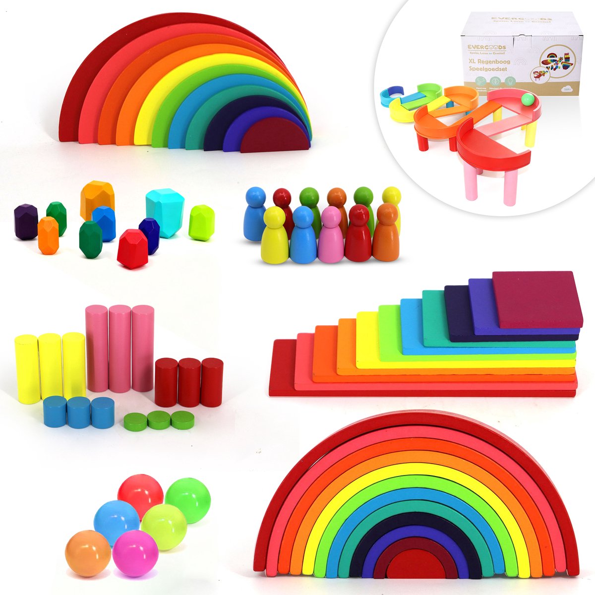 EverGoods XL Regenboog Speelgoed - Montessori Speelgoed- Educatief Speelgoed - Sensorisch Speelgoed - Houten Blokken - Stapelstenen - Incl. Opbergzakje