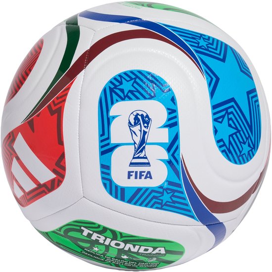 Voetbal met FIFA Wereldbeker logo. Witte vlakken met rode, blauwe en groene patronen. TRIONDA.