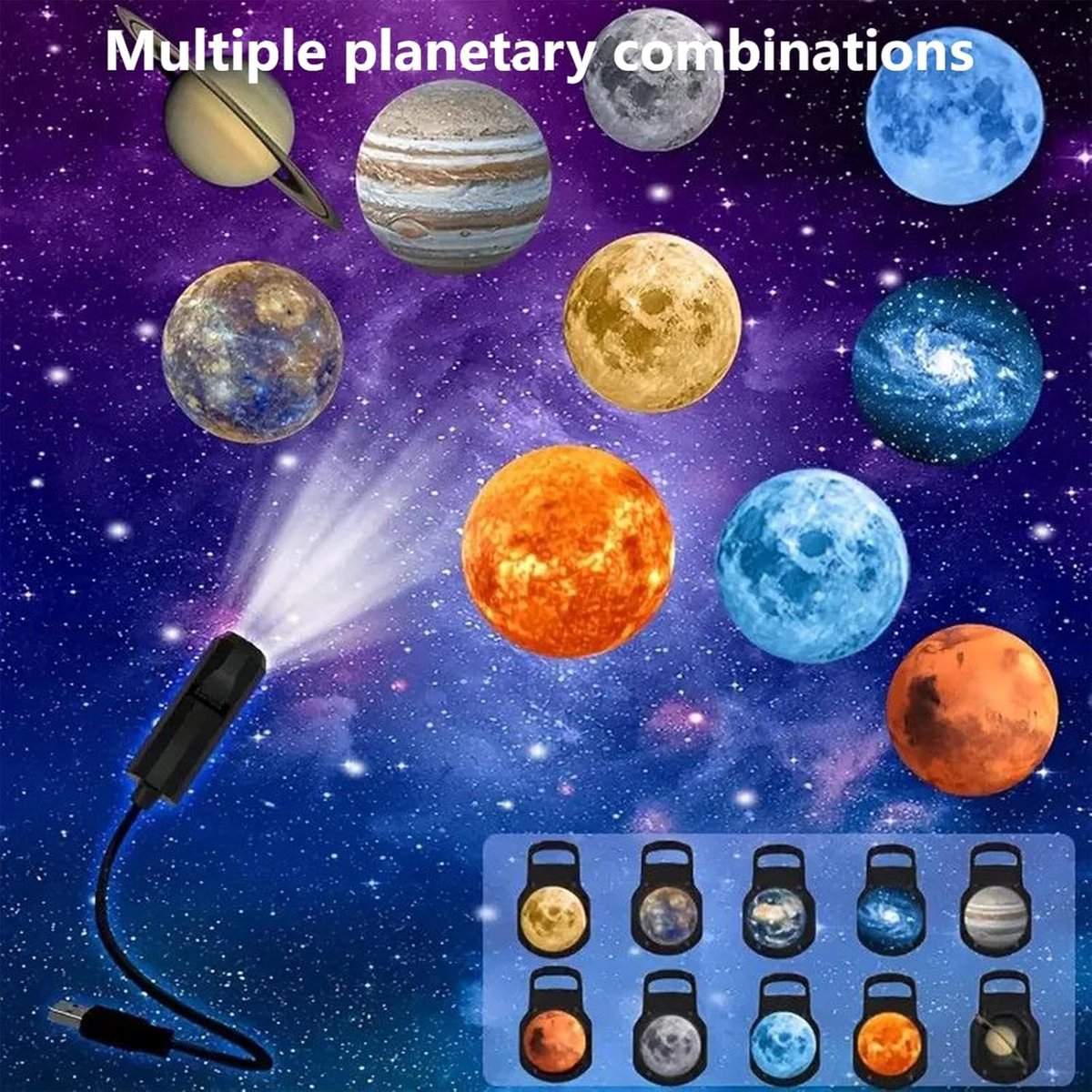 Projector - Planet Projector Sterren Nachtlamp - Galaxy Projector voor Slaapkamer en Kinderkamer - Ruimtelamp met Planeten - USB Aangedreven - 10 Patronen - 1 stuk – foto 4