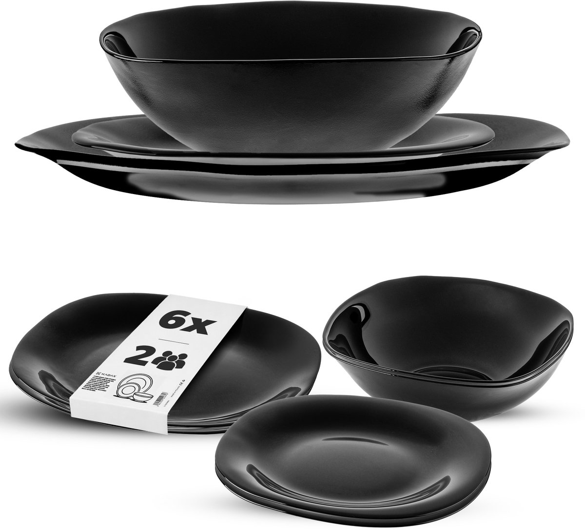 KADAX servies voor 2 personen, 6-delig, servies met soepbord, dessertbord en dinerbord, serviesgoed, servies, bordservies (zwart)