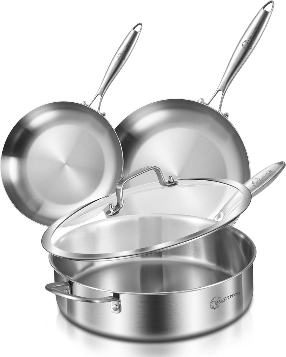 Set Koekenpannen en Sauteerpan RVS 20-25 cm met Deksel - Geschikt voor Inductie