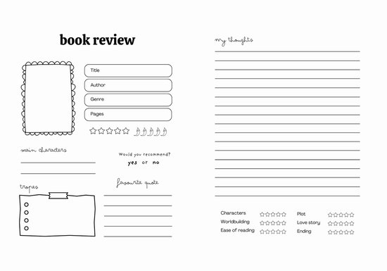 Een pagina voor boekrecensies met velden voor titel, auteur en genre, met ruimte voor hoofdpersonages, favoriete citaten en recensies.