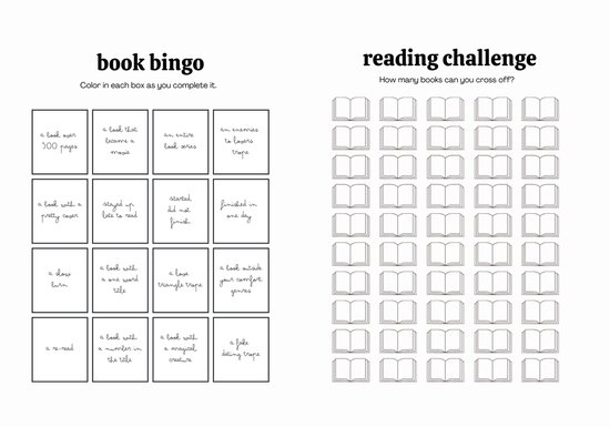Een pagina met 'boek bingo' aan de linkerkant en een 'leesuitdaging' met boeken om aan te vinken aan de rechterkant.