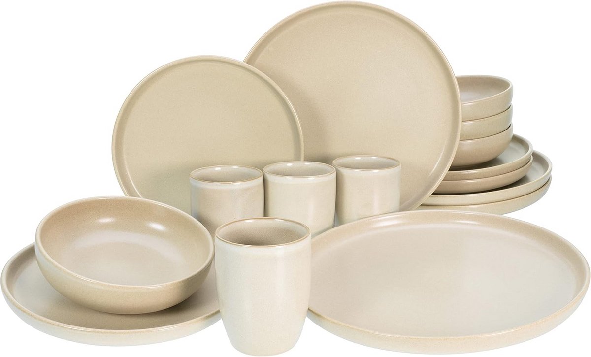 16-delige Servies Set Aardewerk Zandkleur - Steengoed - Vaatwasser & Magnetronbestendig